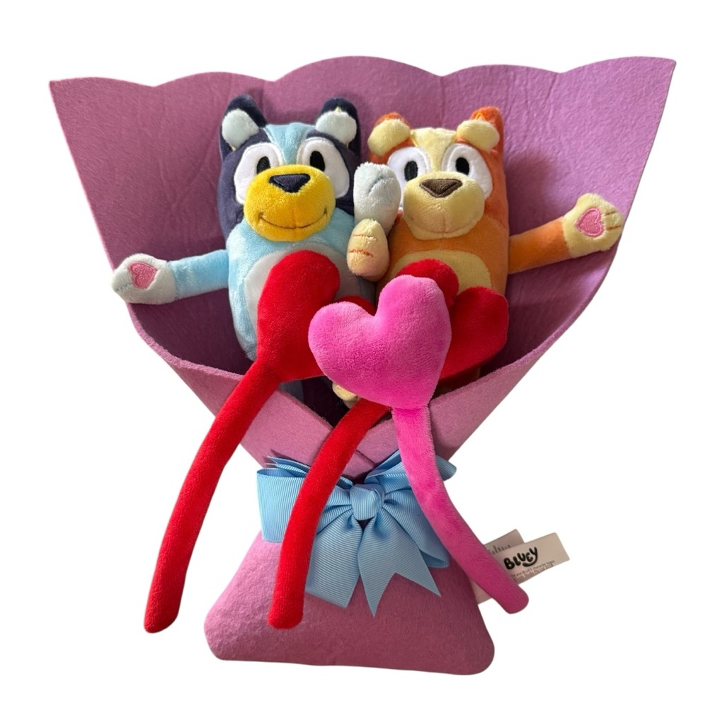 Bluey Bingo Plush Bouquet Valentine Gift Purple Felt Wrap Ruz 14 Inch